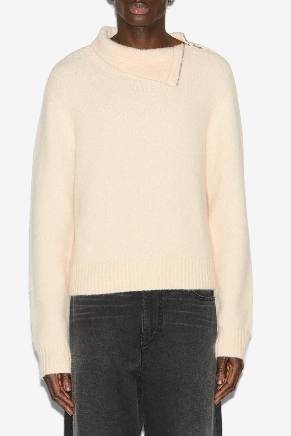 Aliocha stand-up collar plain-colored alpaca knit sweater - Ecru - Man - 4