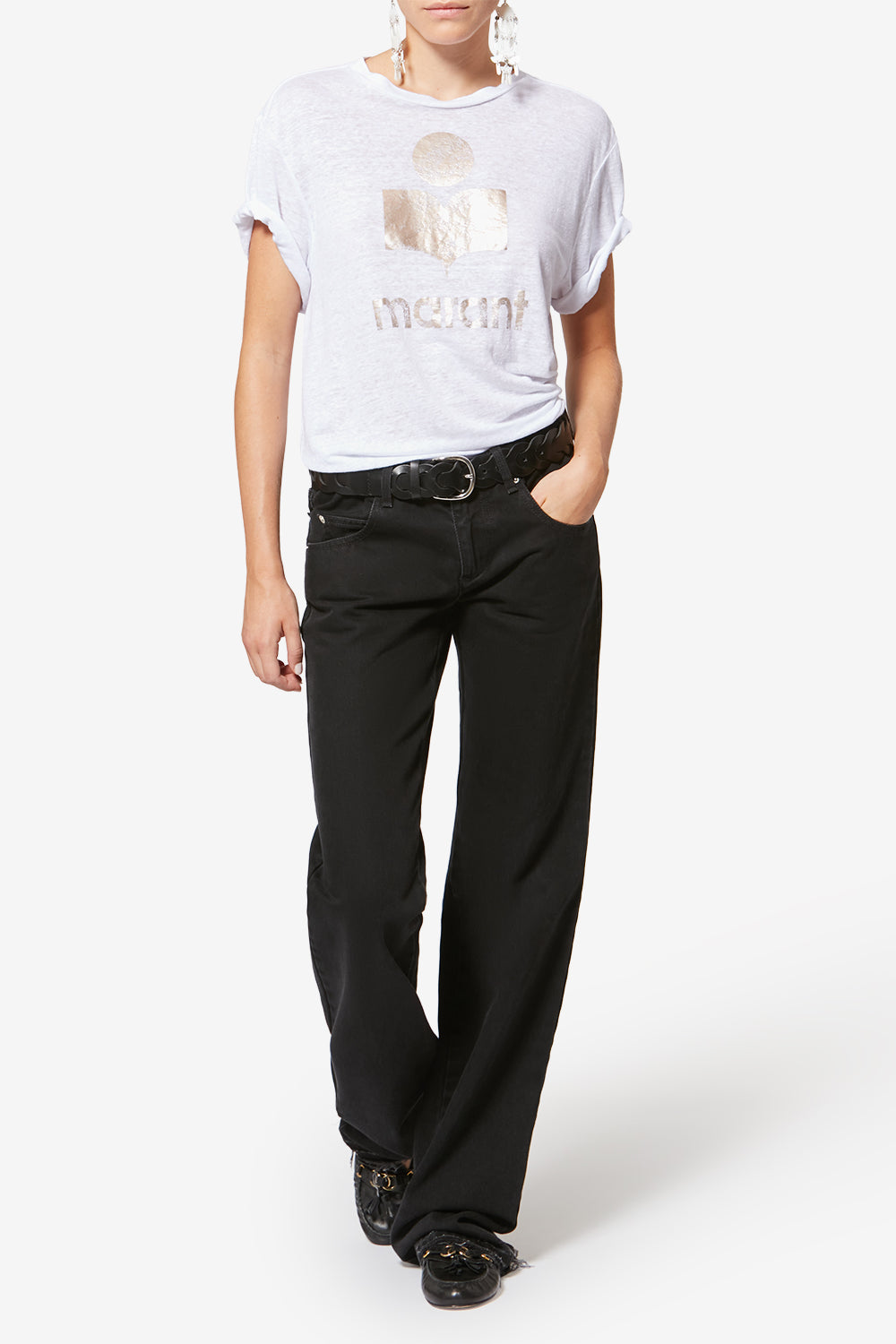 Zewel plain-colored linen t-shirt with logo - White-light gold - Woman - 2