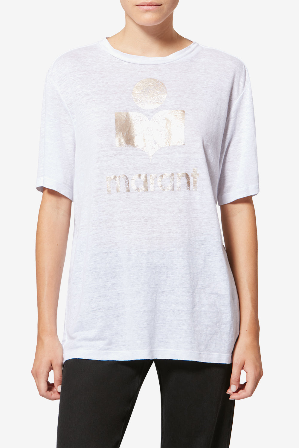 Zewel plain-colored linen t-shirt with logo - White-light gold - Woman - 4