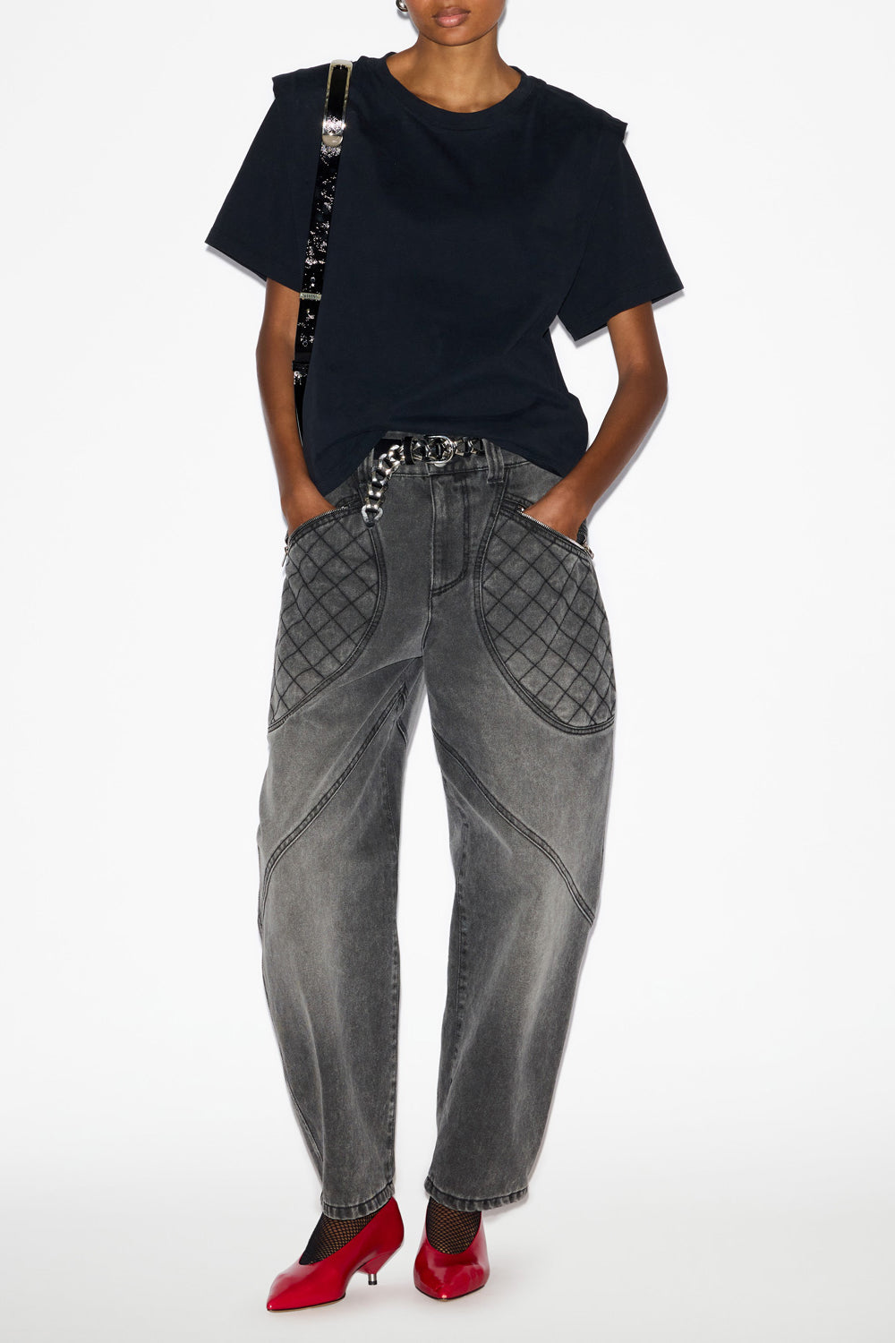 Zelitos plain-colored cotton t-shirt with shoulder pads - Black - Woman - 2