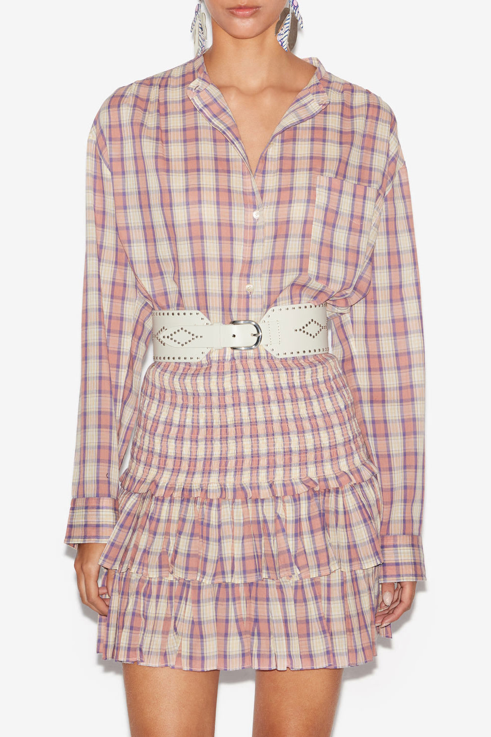 Mexika blouse in checkered cotton voile - Antik pink-yellow - Woman - 4