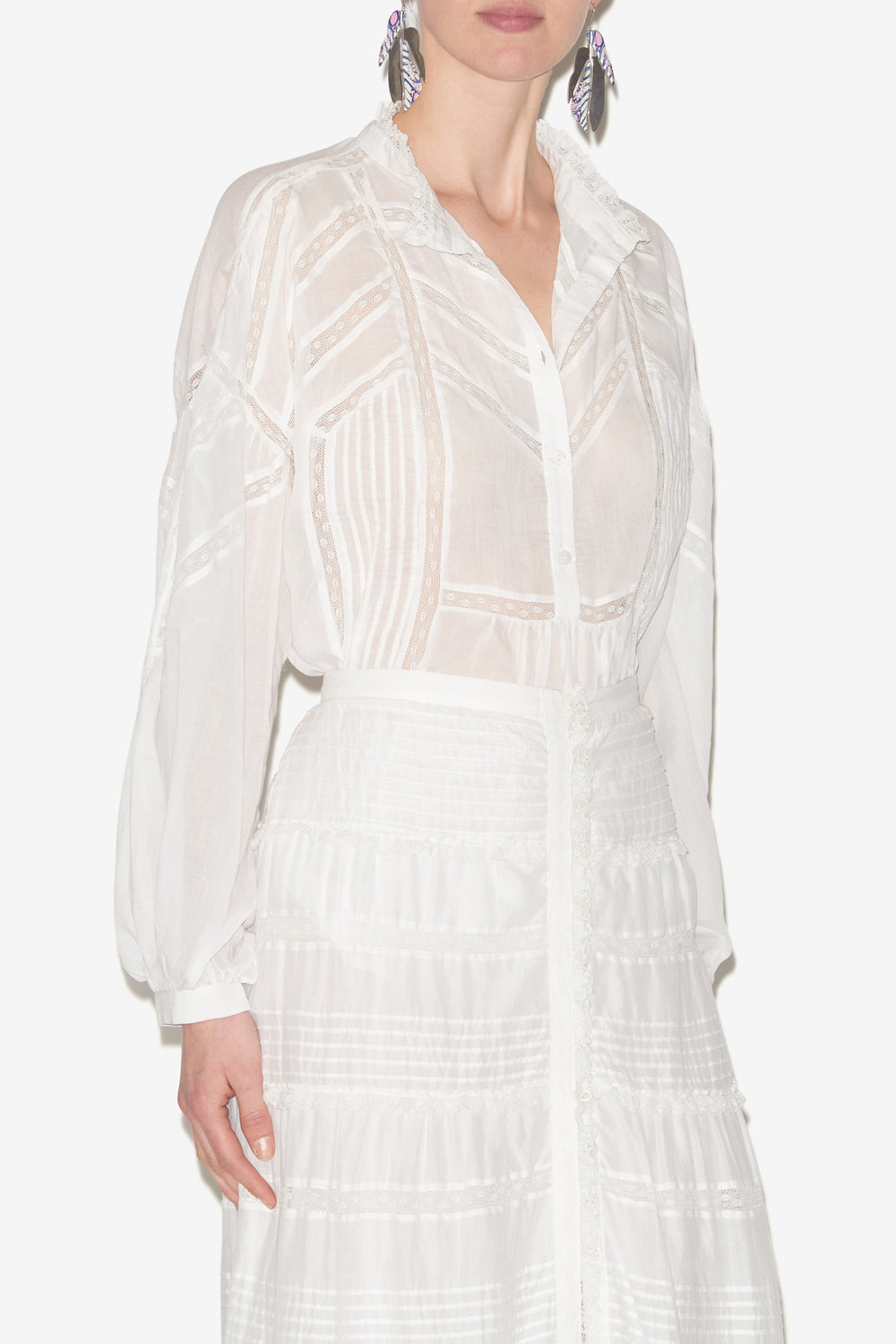 Gelma blouse in plain-colored cotton voile and lace - White - Woman - 4