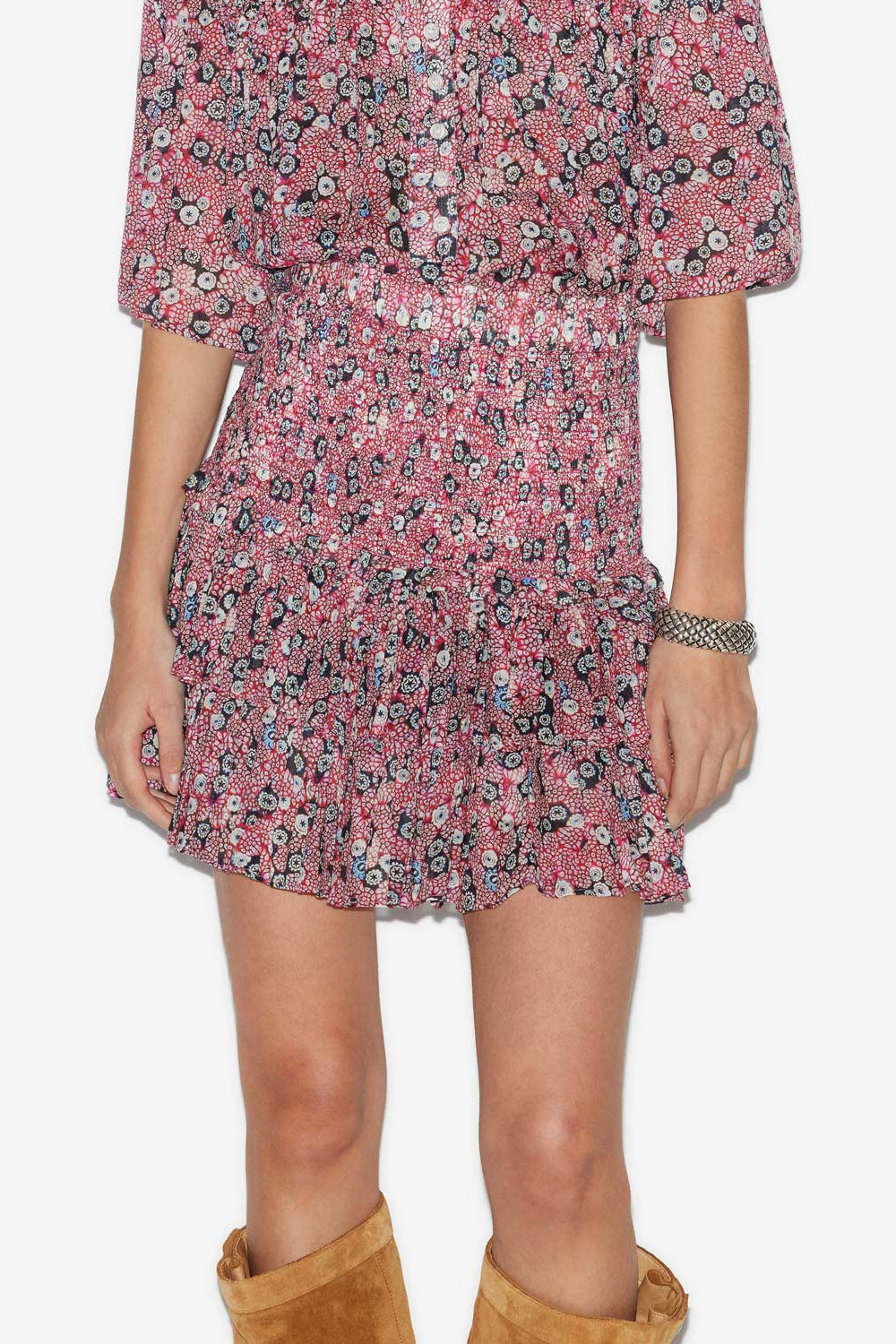 Naomi skirt in printed smocked cotton voile - Raspberry-black - Woman - 5