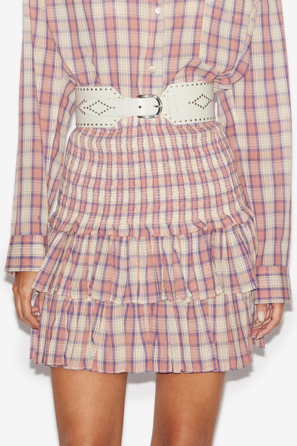 Naomi checkered skirt in smocked cotton voile - Antik pink-yellow - Woman - 5