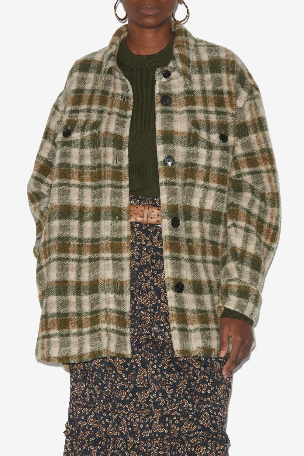 Harveli checkered wool blend coat - Khaki-ecru - Woman - 4