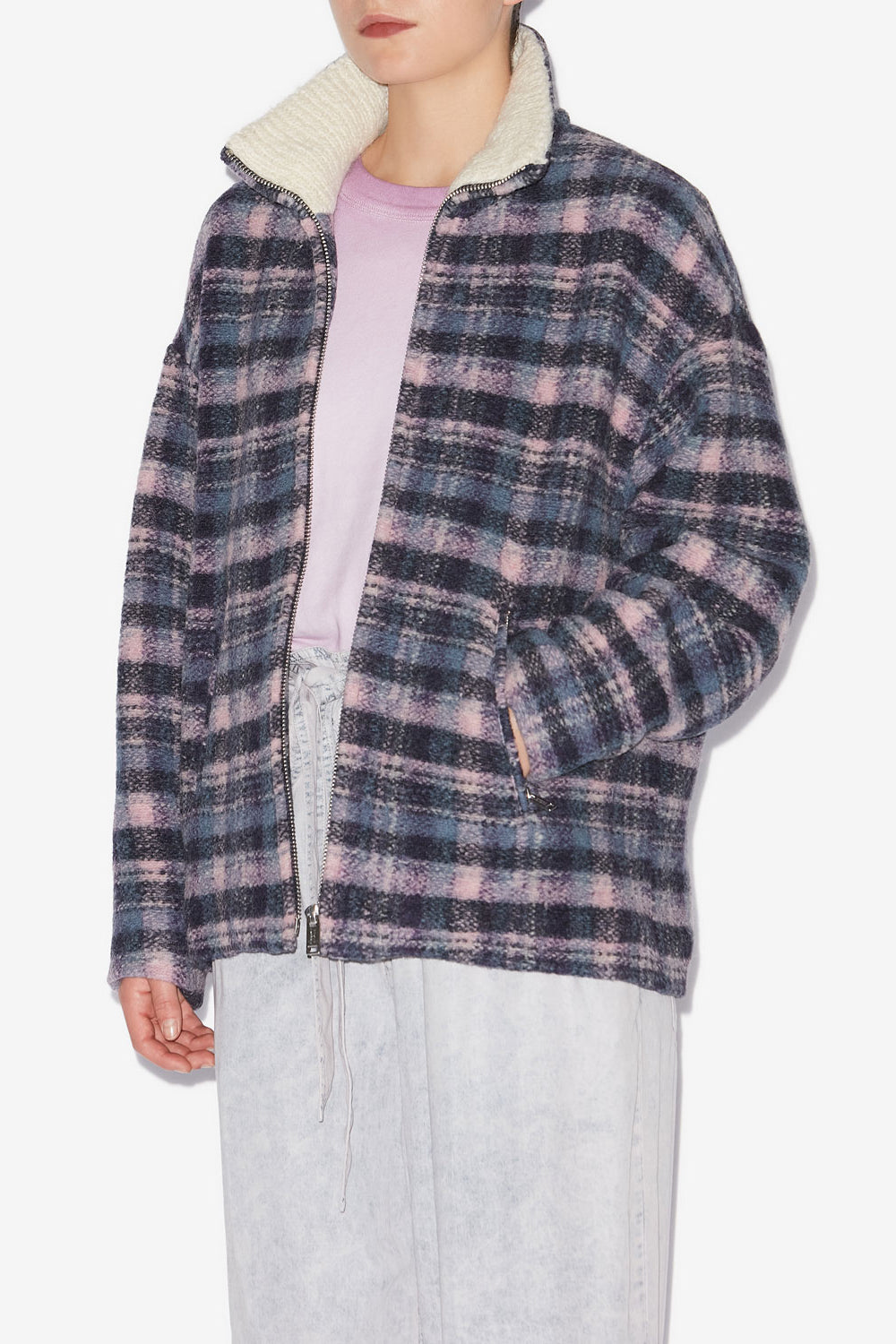 Giovany short checkered wool blend coat - Lilac-navy - Woman - 4