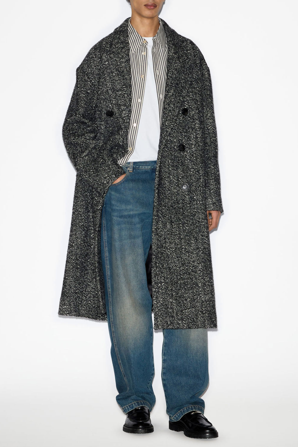 Manteau long denton en laine mélangée chinée - Noir-blanc - Man - 2