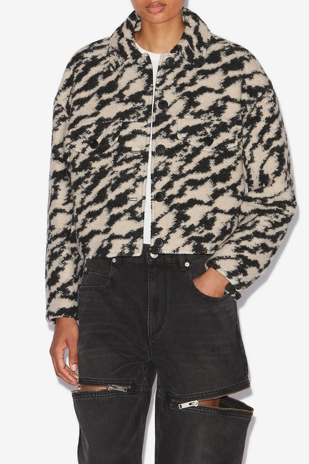 Ferida short wool zebra pattern coat - Black-beige - Woman - 4