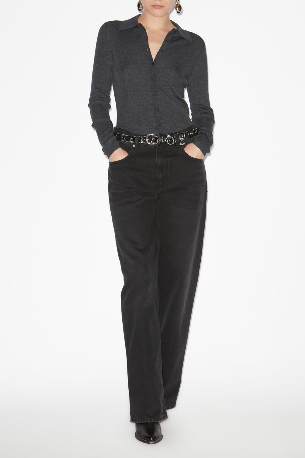 Elvira buttoned merinos wool shirt collar sweater - Anthracite - Woman - 2