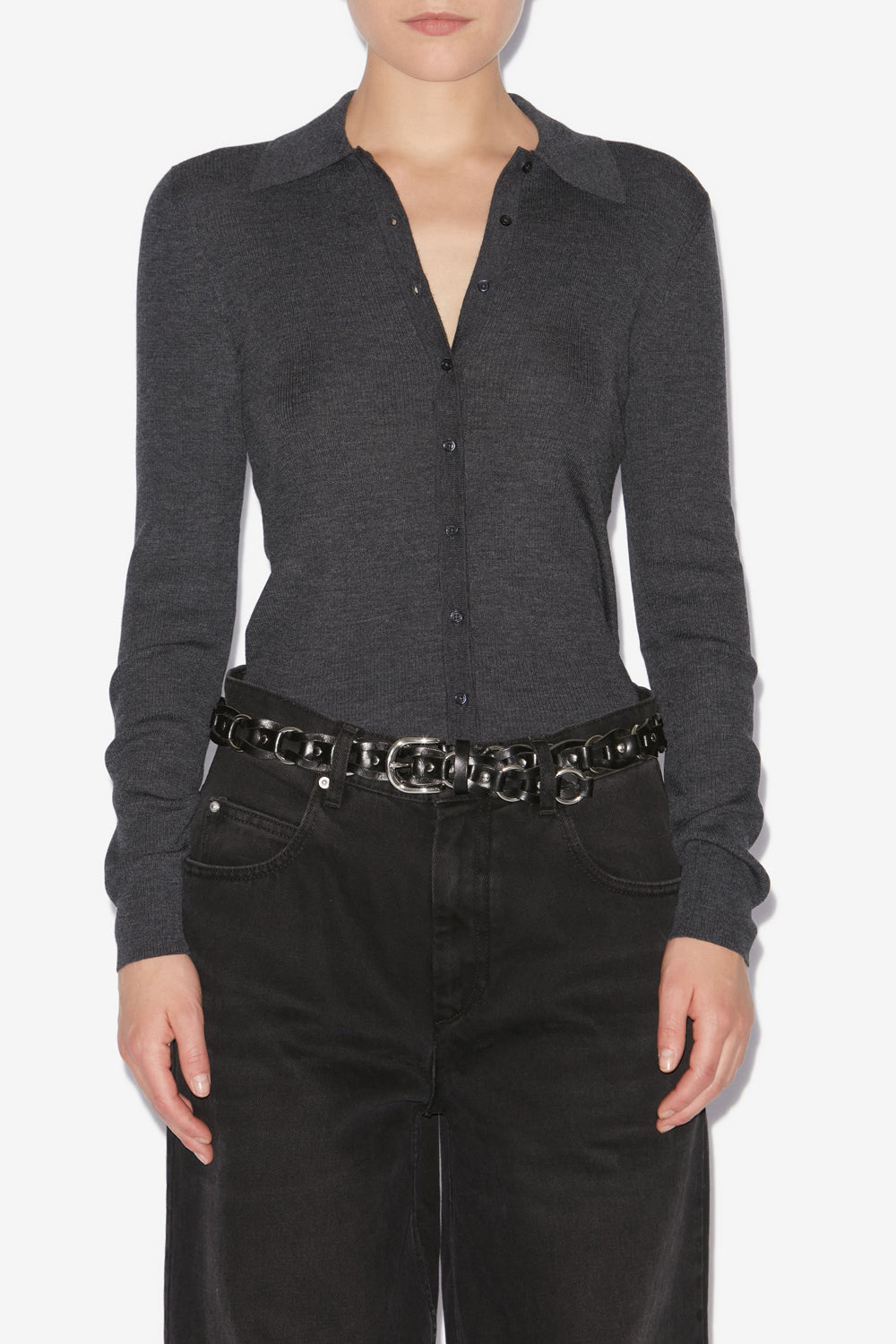 Elvira buttoned merinos wool shirt collar sweater - Anthracite - Woman - 4
