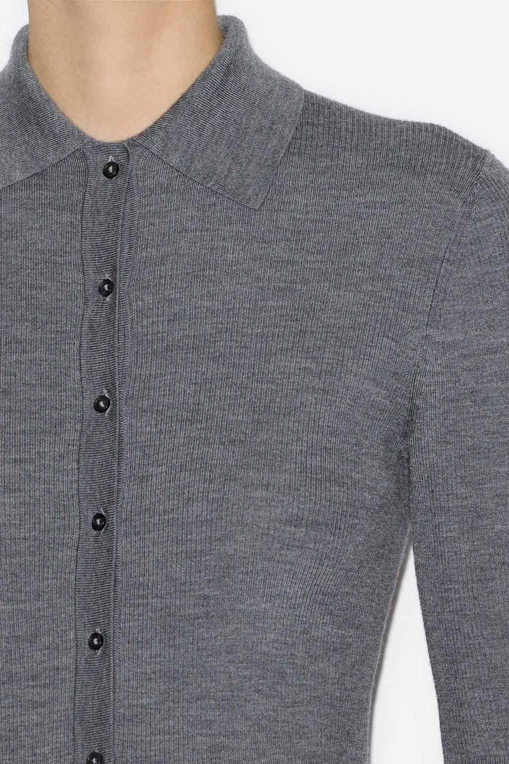 Elvira buttoned merinos wool shirt collar sweater - Medium gray - Woman - 3