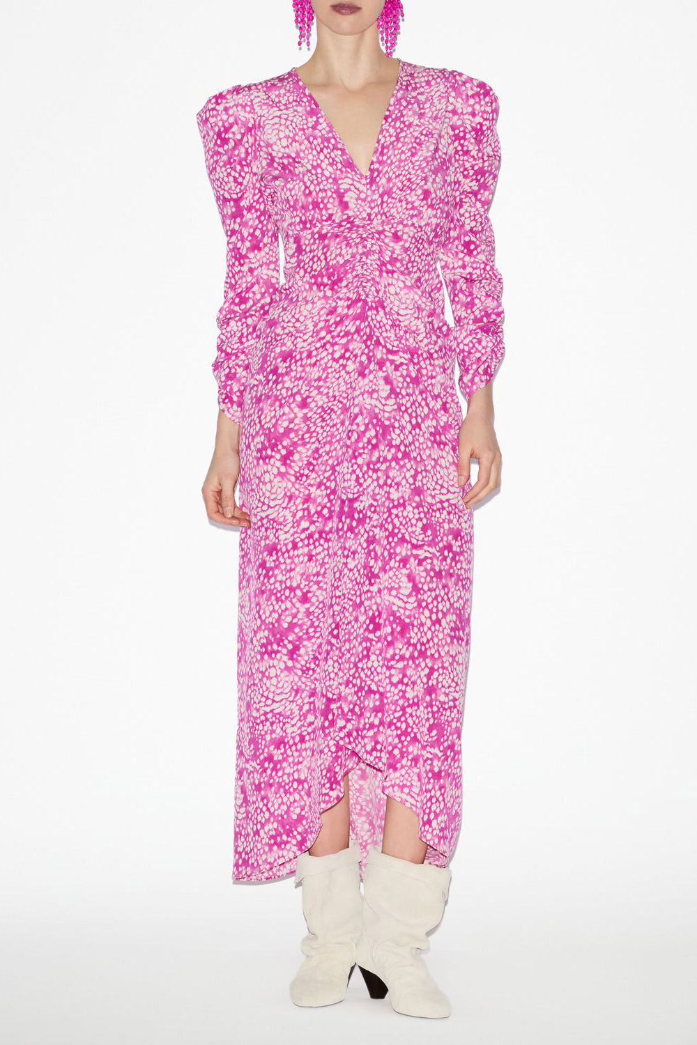 Albini gathered silk blend midi dress - Fuchsia-white - Woman - 2