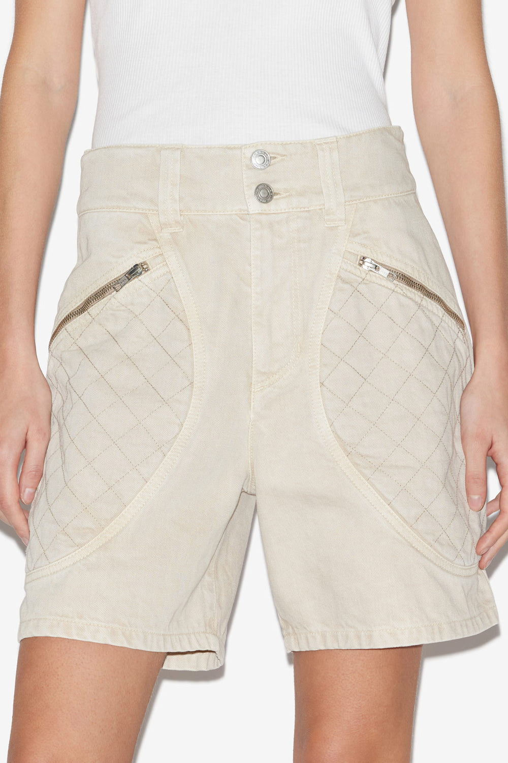 Candice denim shorts with topstitched yokes - Ecru - Woman - 4