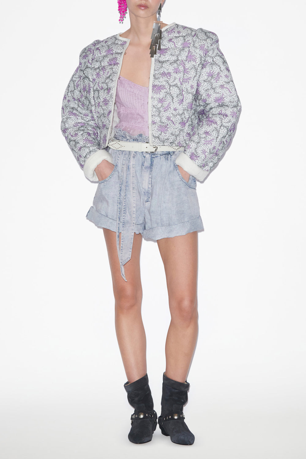 Drew short quilted jacket in printed cotton - Ecru-lilac - Woman - 2