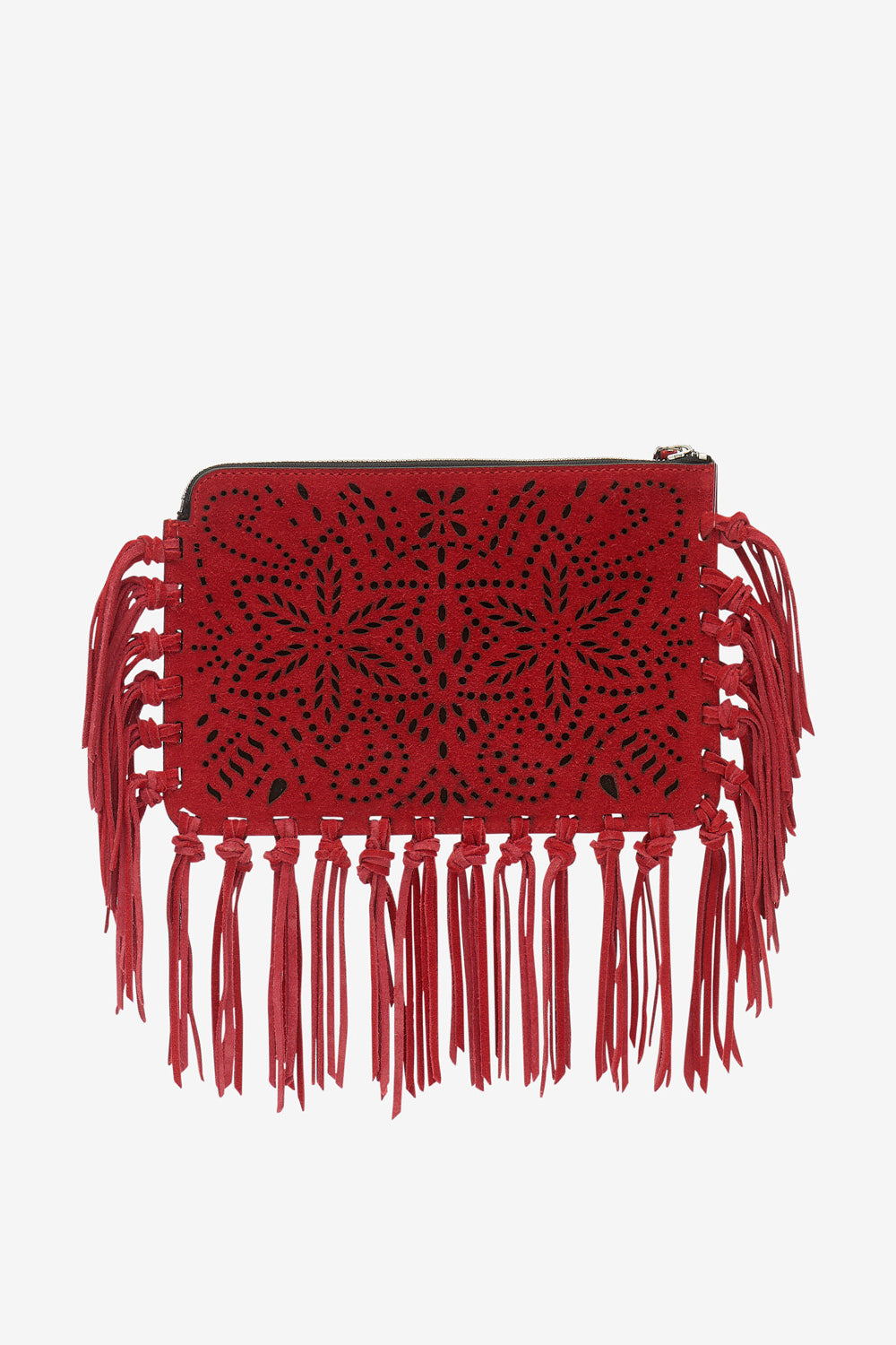 Flat pouch fringed leather clutch bag - Red - Woman - 2