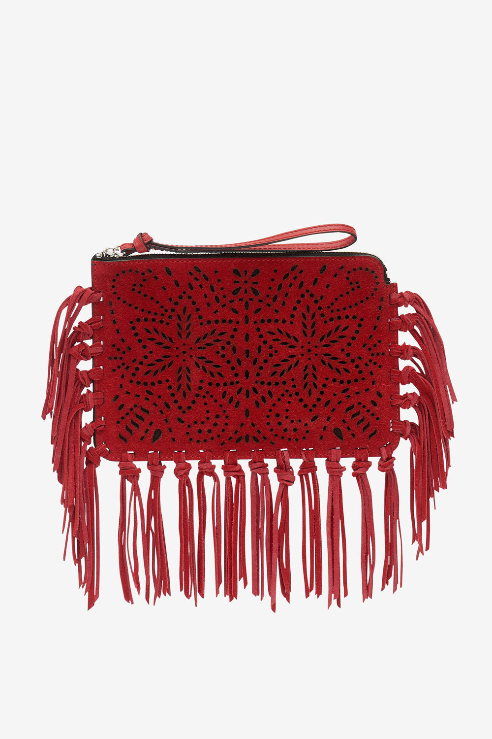 Flat pouch fringed leather clutch bag - Red - Woman - 1