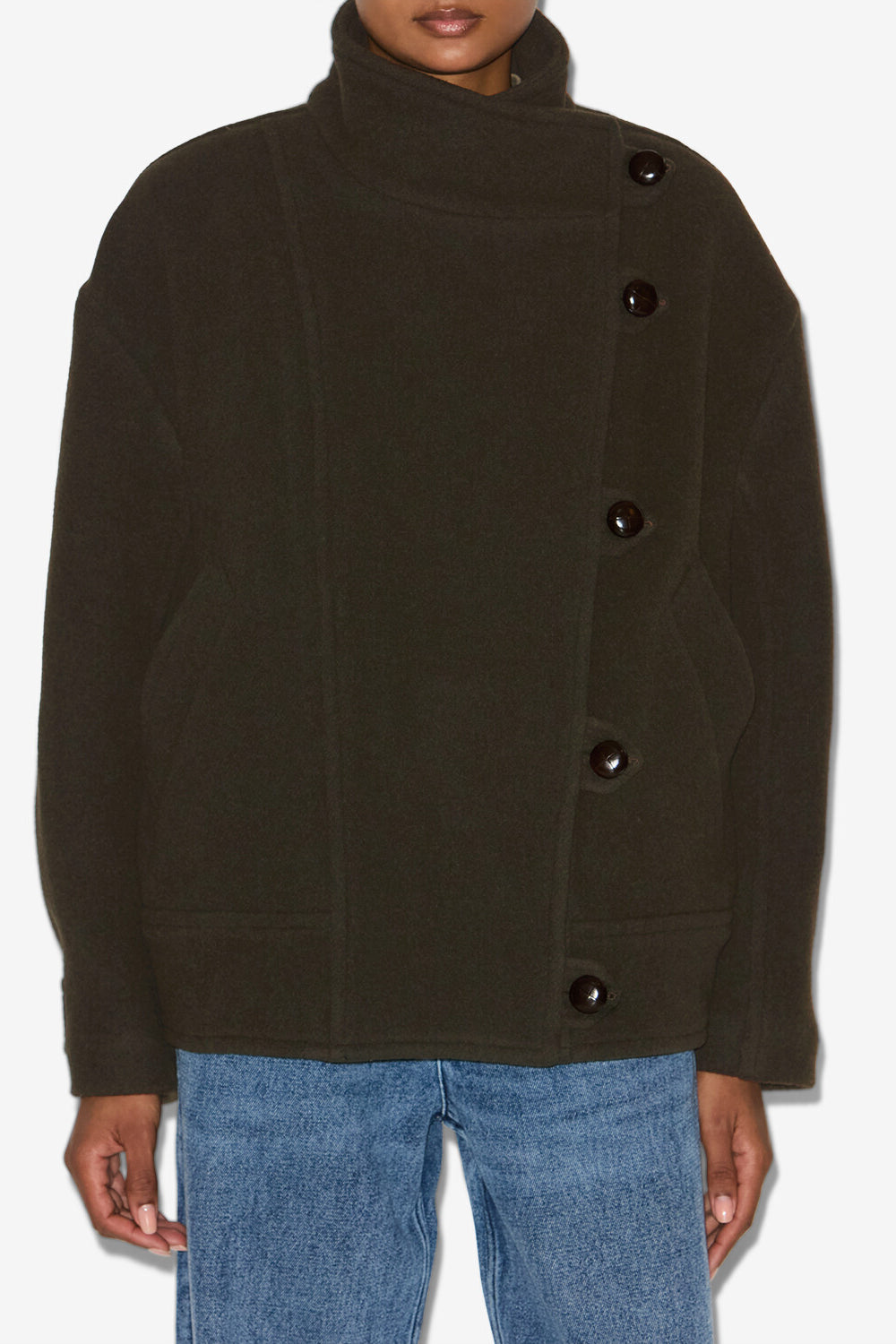 Manteau court hanis en laine mélangée - Foncé kaki - Woman - 4