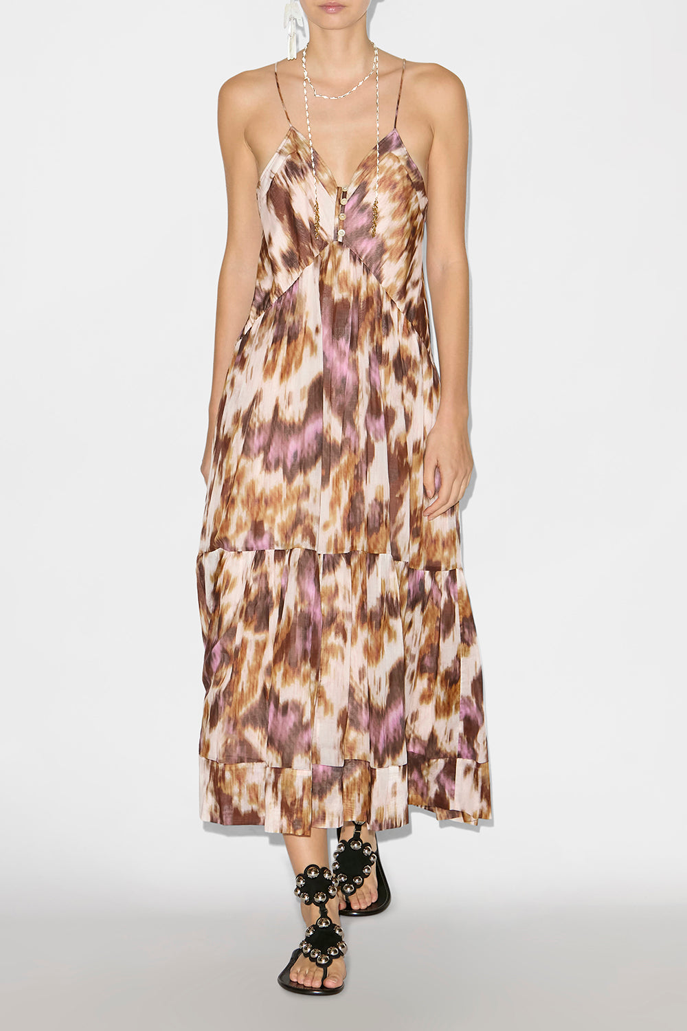 Sabba long strappy watercolor print dress - Ecru-ochre - Woman - 2