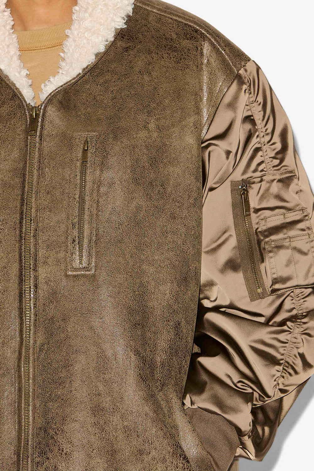 Evina satin and faux leather coat - Khaki - Woman - 2