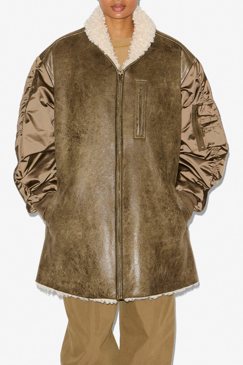 Evina satin and faux leather coat - Khaki - Woman - 3