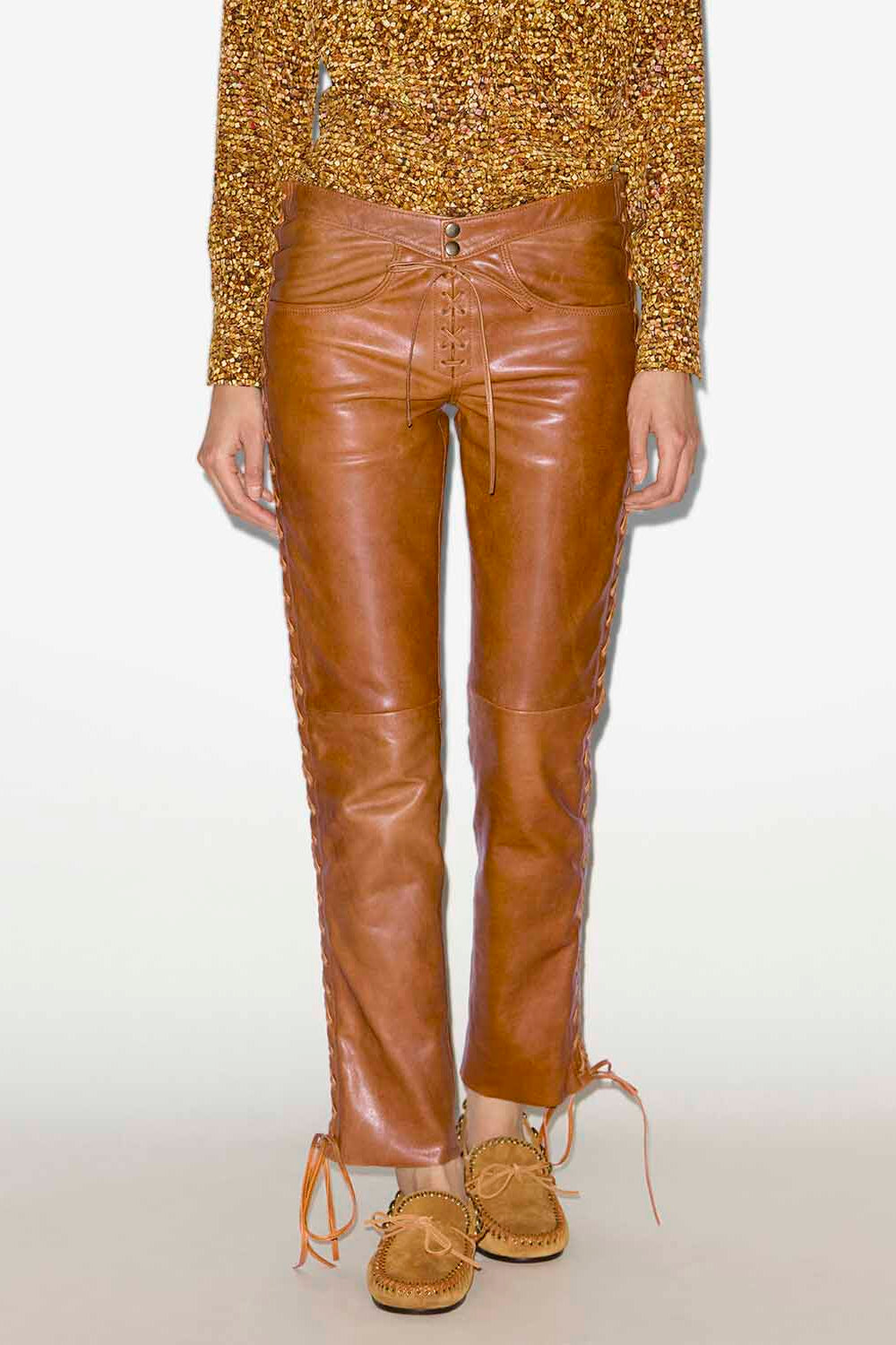 Pantalon en cuir cyerra à laçages - Cognac - Woman - 4