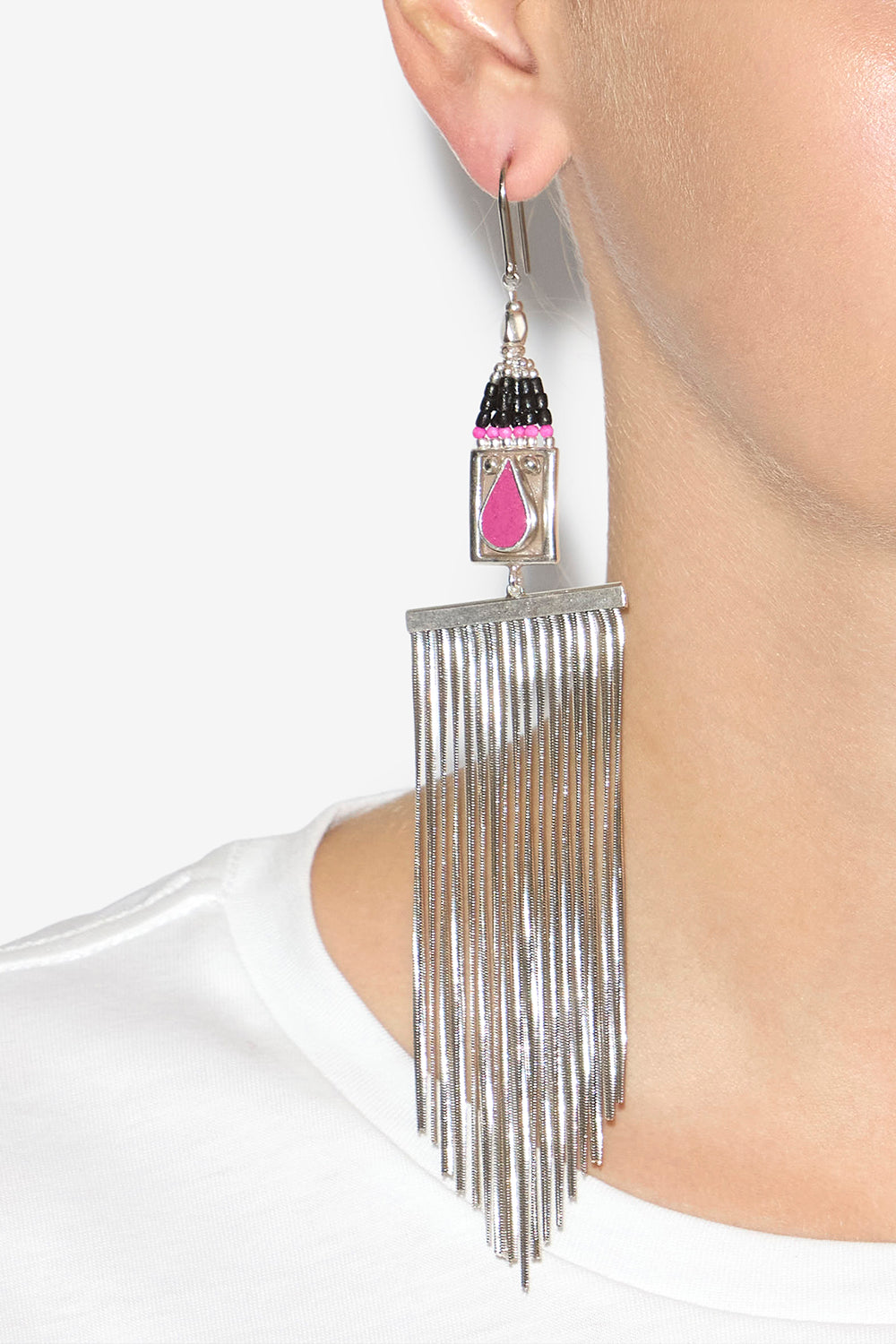 Jaya pendant earrings with beads and chains - Black and silver - Woman - 2