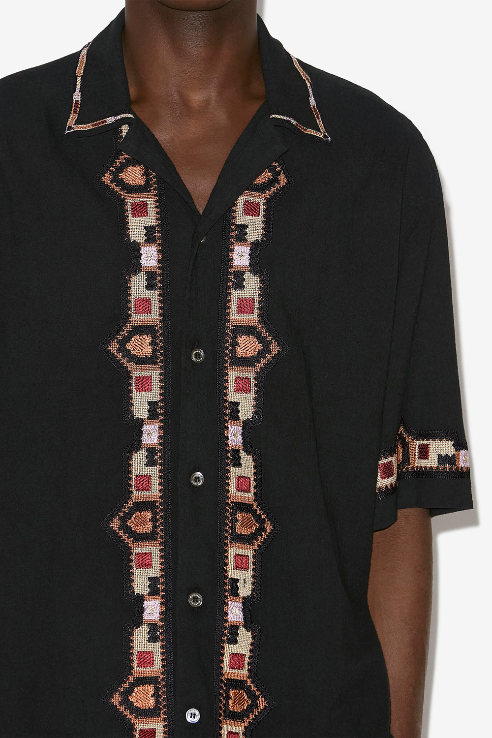 Camicia a maniche corte zao in cotone ricamato - Nero - Man - 3