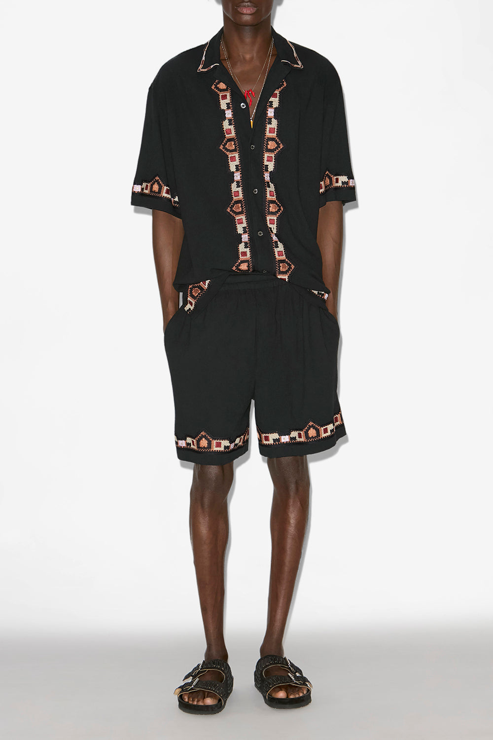 Camicia a maniche corte zao in cotone ricamato - Nero - Man - 2