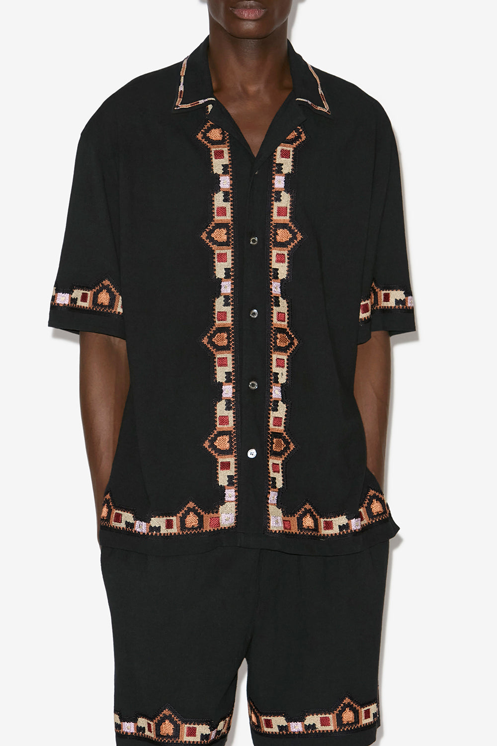 Camicia a maniche corte zao in cotone ricamato - Nero - Man - 4