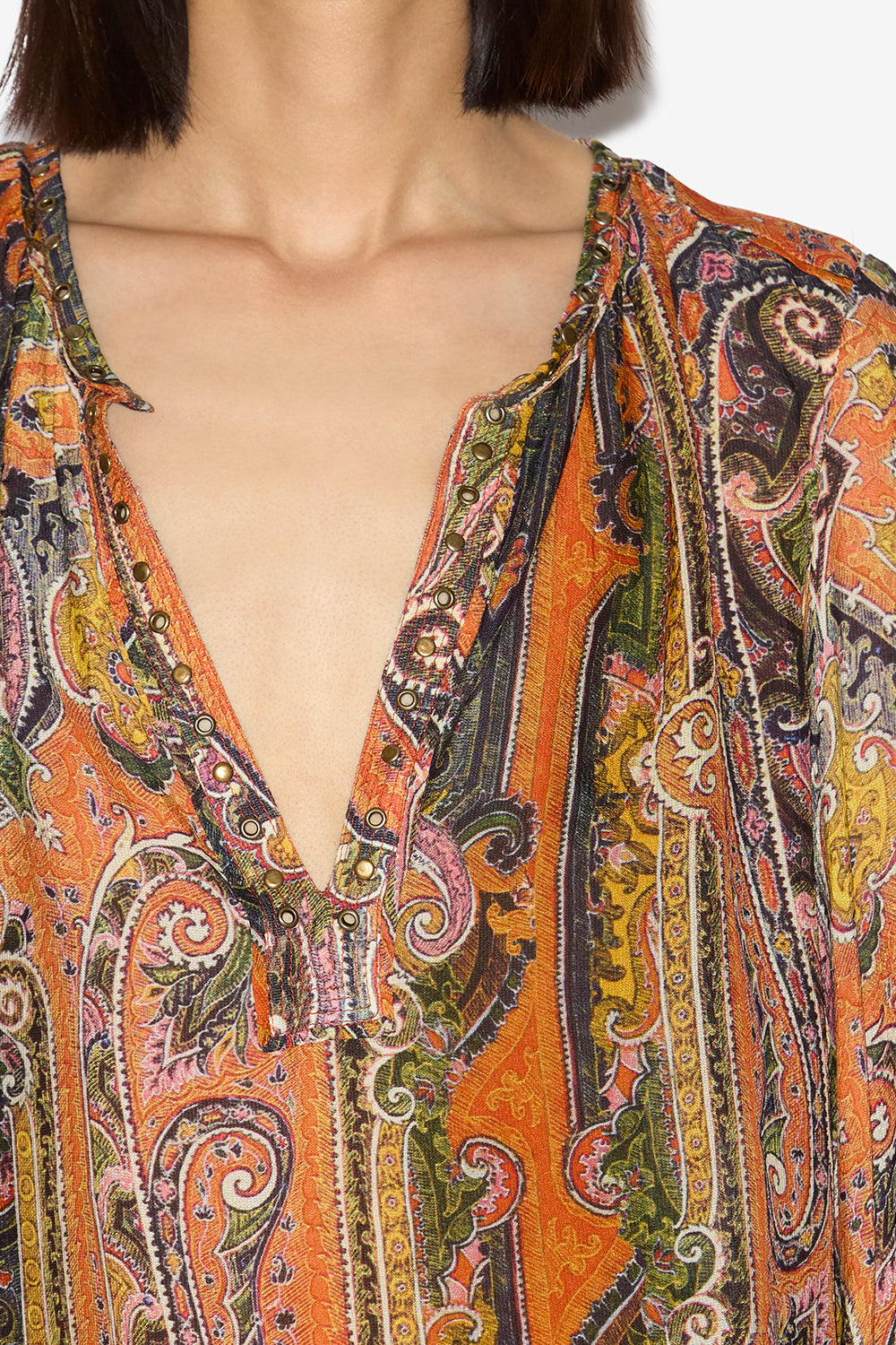 May printed silk blouse with studs and eyelets - Orange - Woman - 3