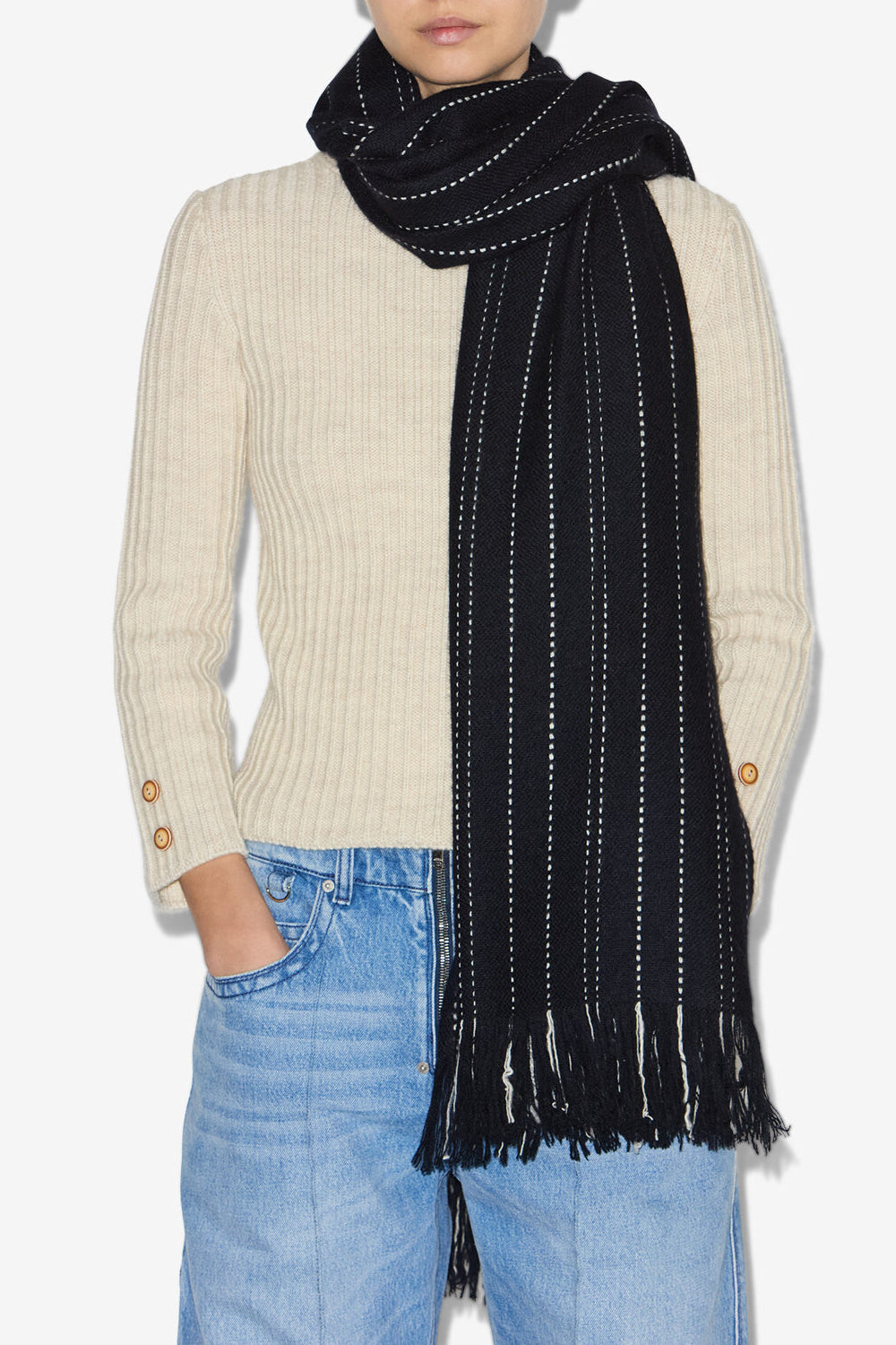 Carlysta long striped cashmere and wool scarf - Midnight - Woman - 1