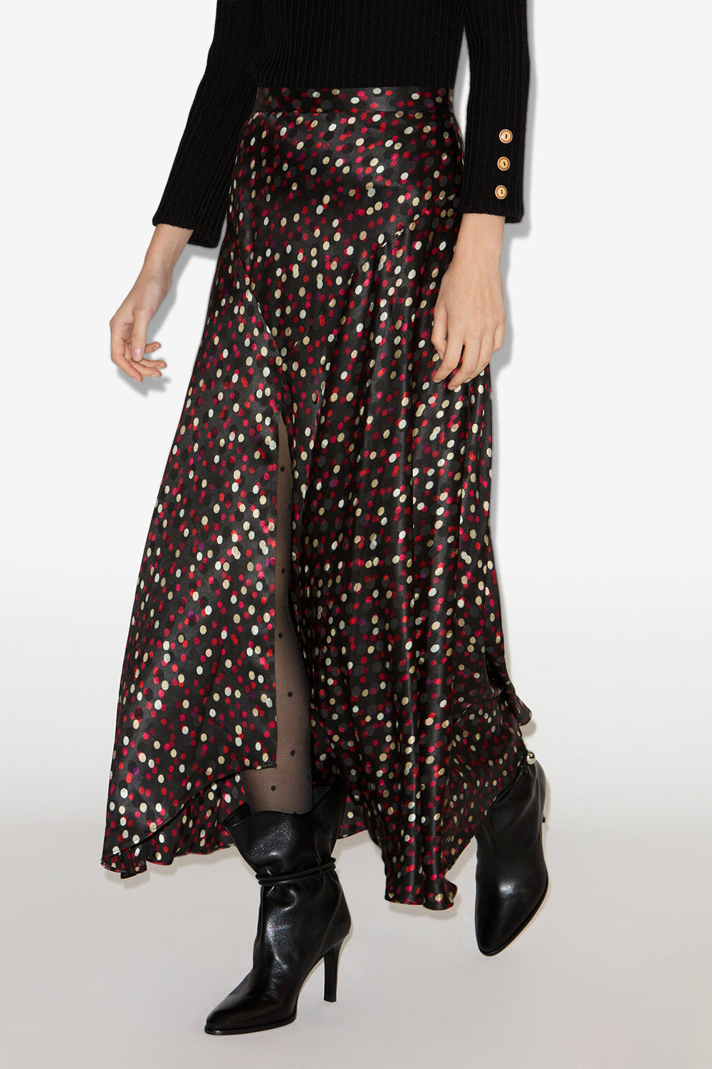 Sakura long printed silk skirt - Black-red - Woman - 4