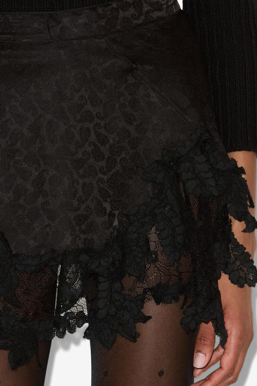 Gonna corta in seta reana con guipure - Nero - Woman - 3