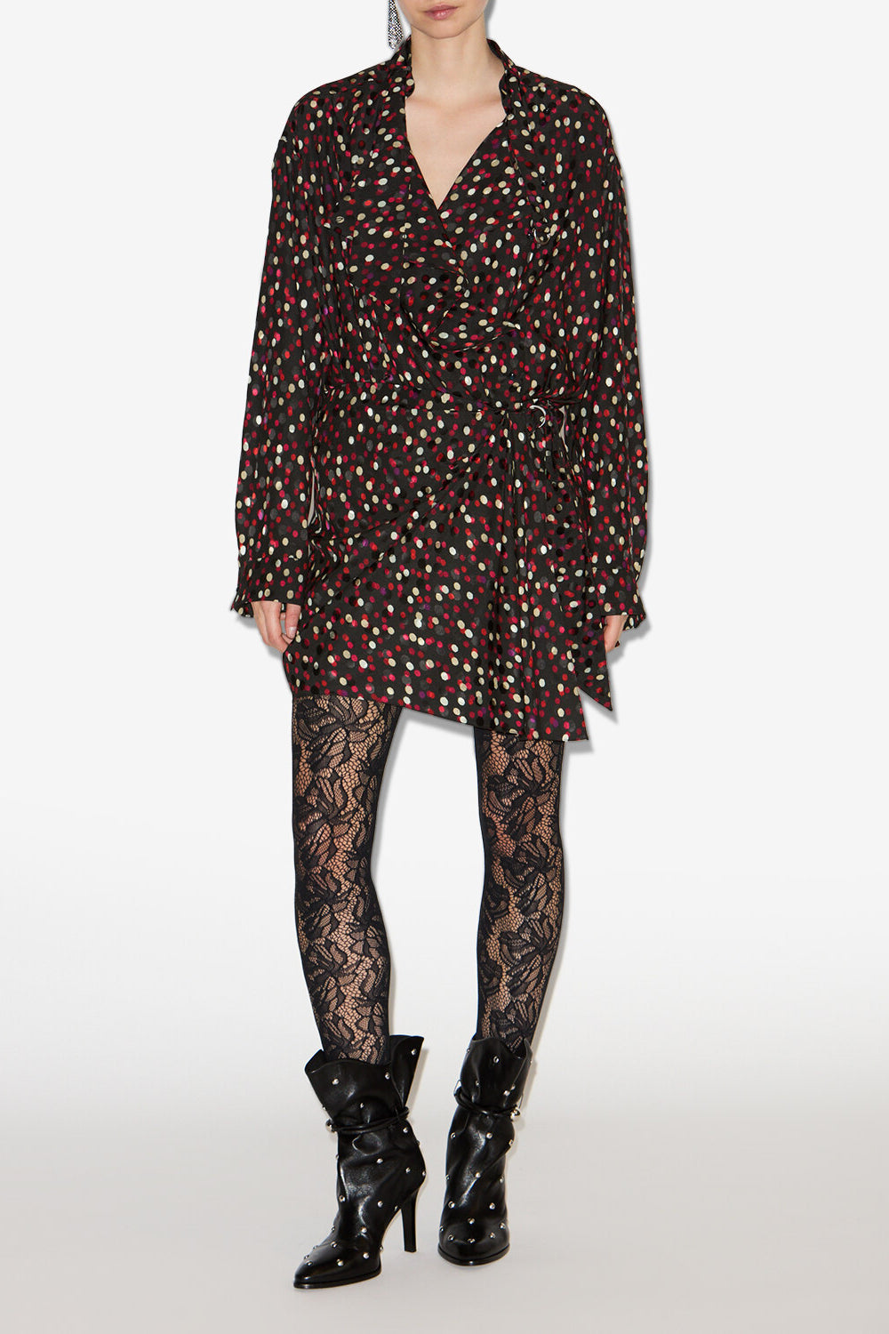 Ora draped silk polka dot print dress - Black-red - Woman - 2