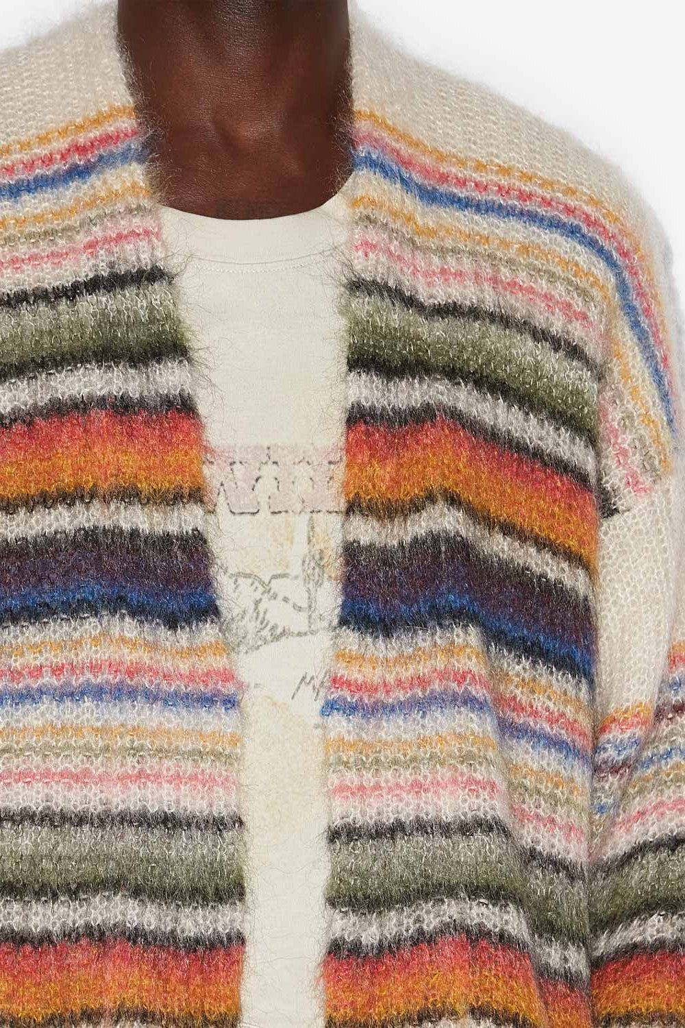Danah リブ編み&ブラッシュドモヘア ストライプ カーディガン - 色とりどりの - Man - 3