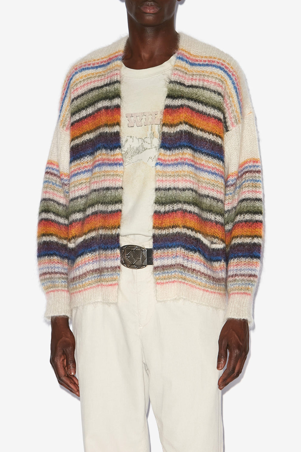Danah リブ編み&ブラッシュドモヘア ストライプ カーディガン - 色とりどりの - Man - 4