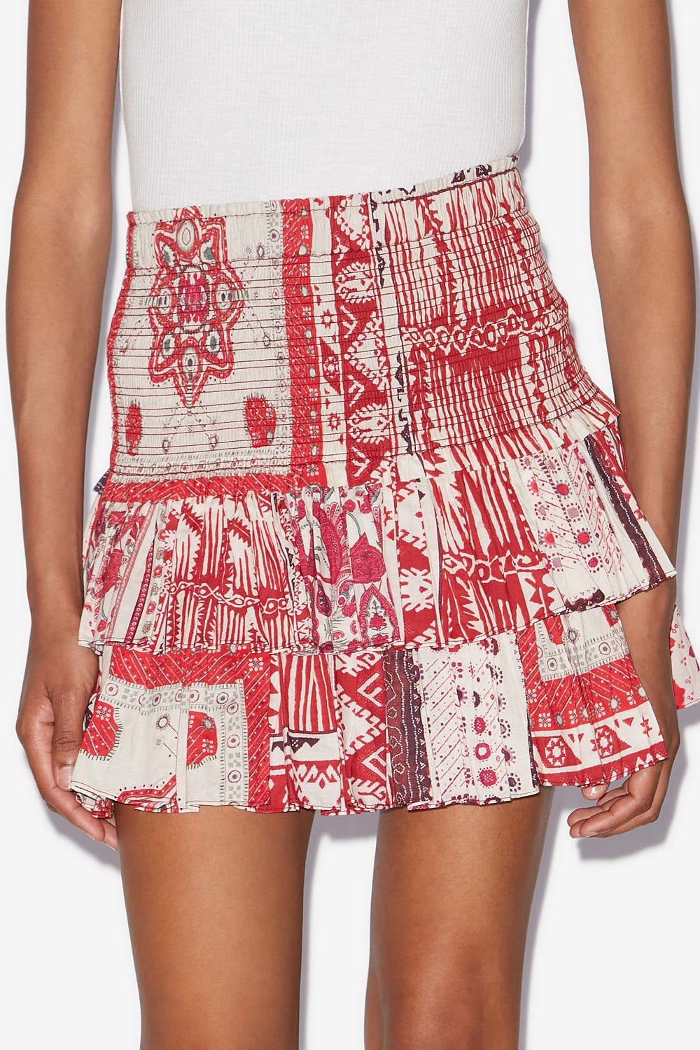 Naomi smocked cotton voile skirt with bandana print - Red and ecru - Woman - 4