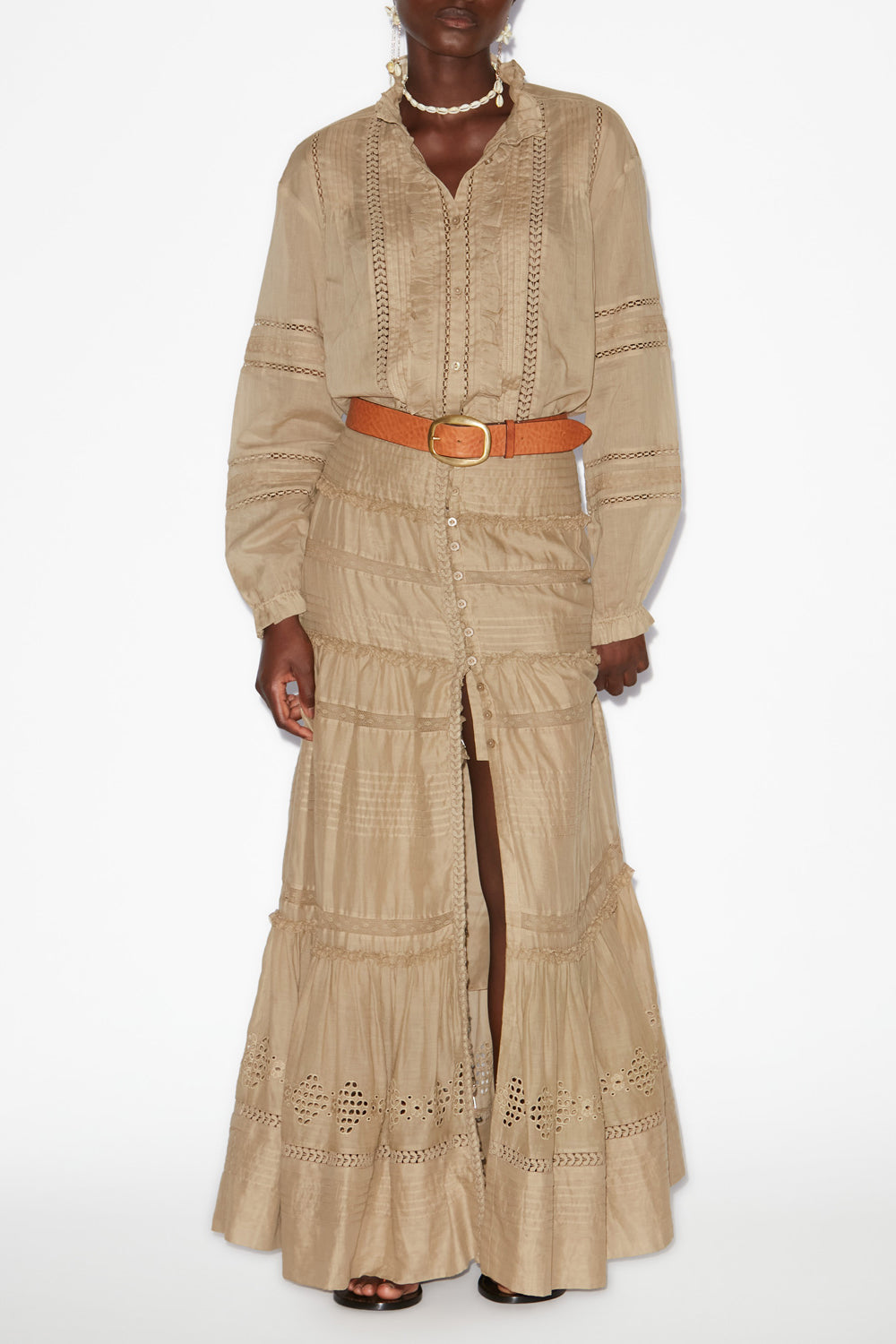 Dusta long elaborate cotton voile skirt - Light khaki - Woman - 2