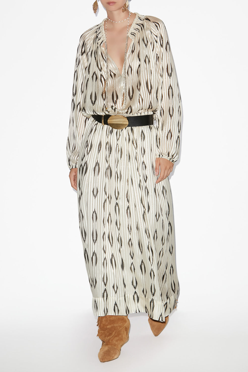 Samila long silk graphic pattern skirt - Ecru and black - Woman - 2