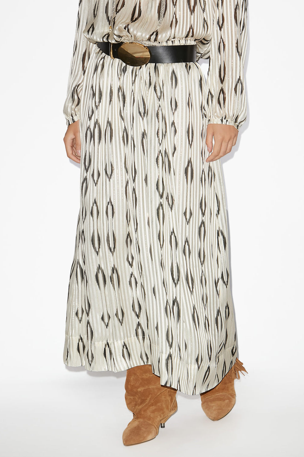 Samila long silk graphic pattern skirt - Ecru and black - Woman - 4