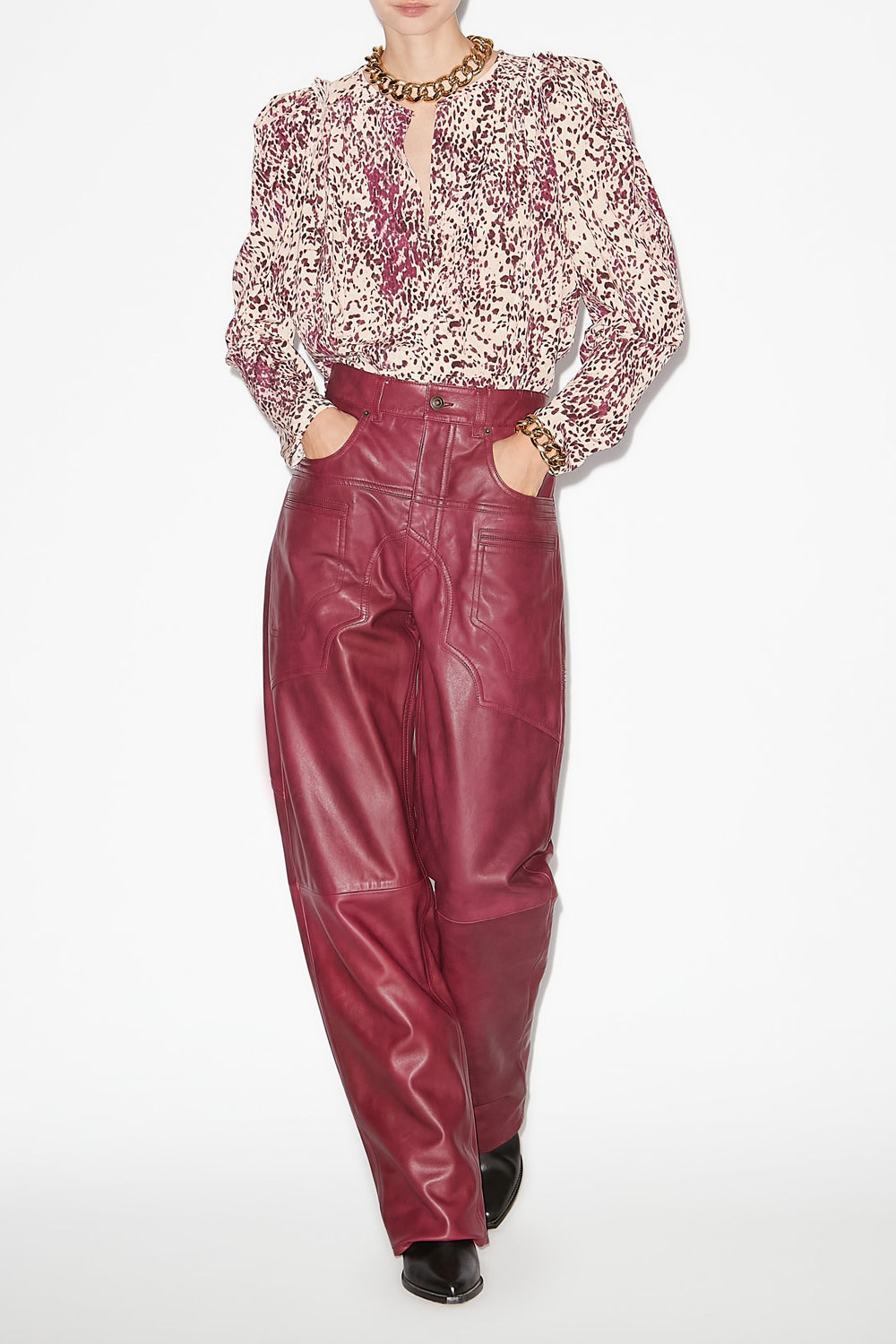 Breydi topstitched lambskin leather pants - Berry - Woman - 2