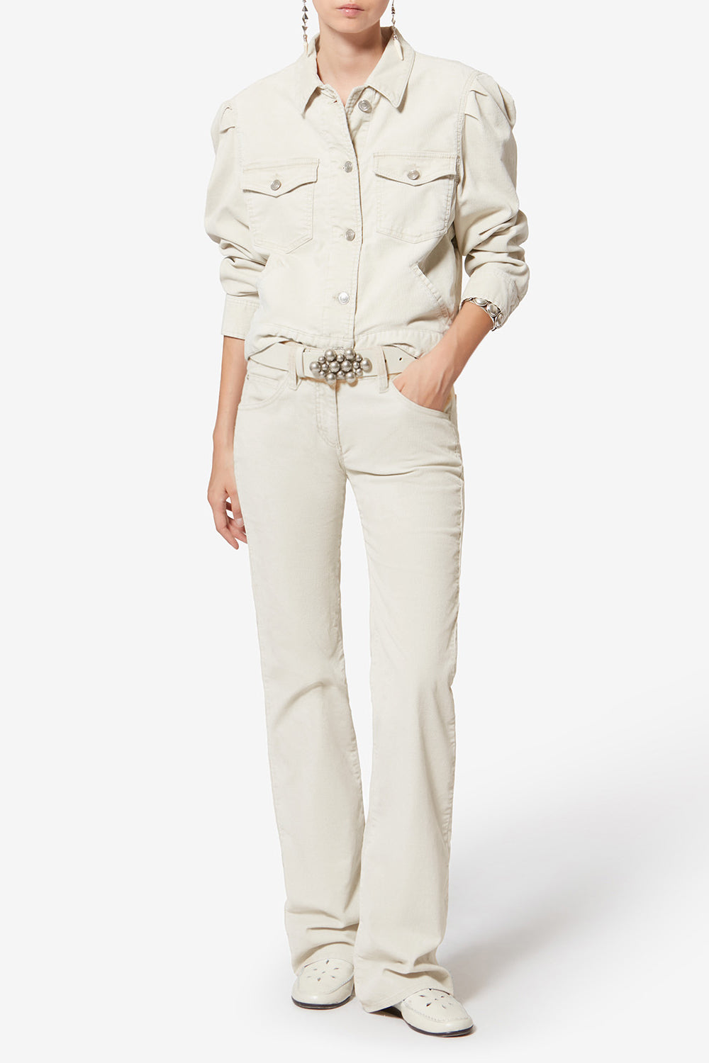 Pantalon bootcut kelly en velours côtelé lavé - Écru - Woman