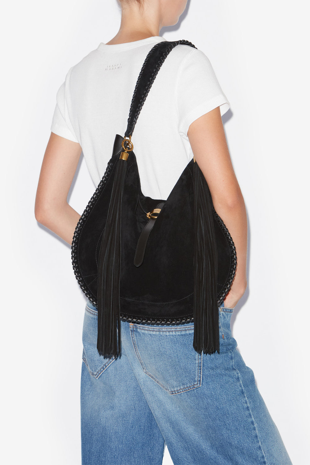 Sac oskan hobo folk en cuir de veau velours tressé - Noir - Woman - 2