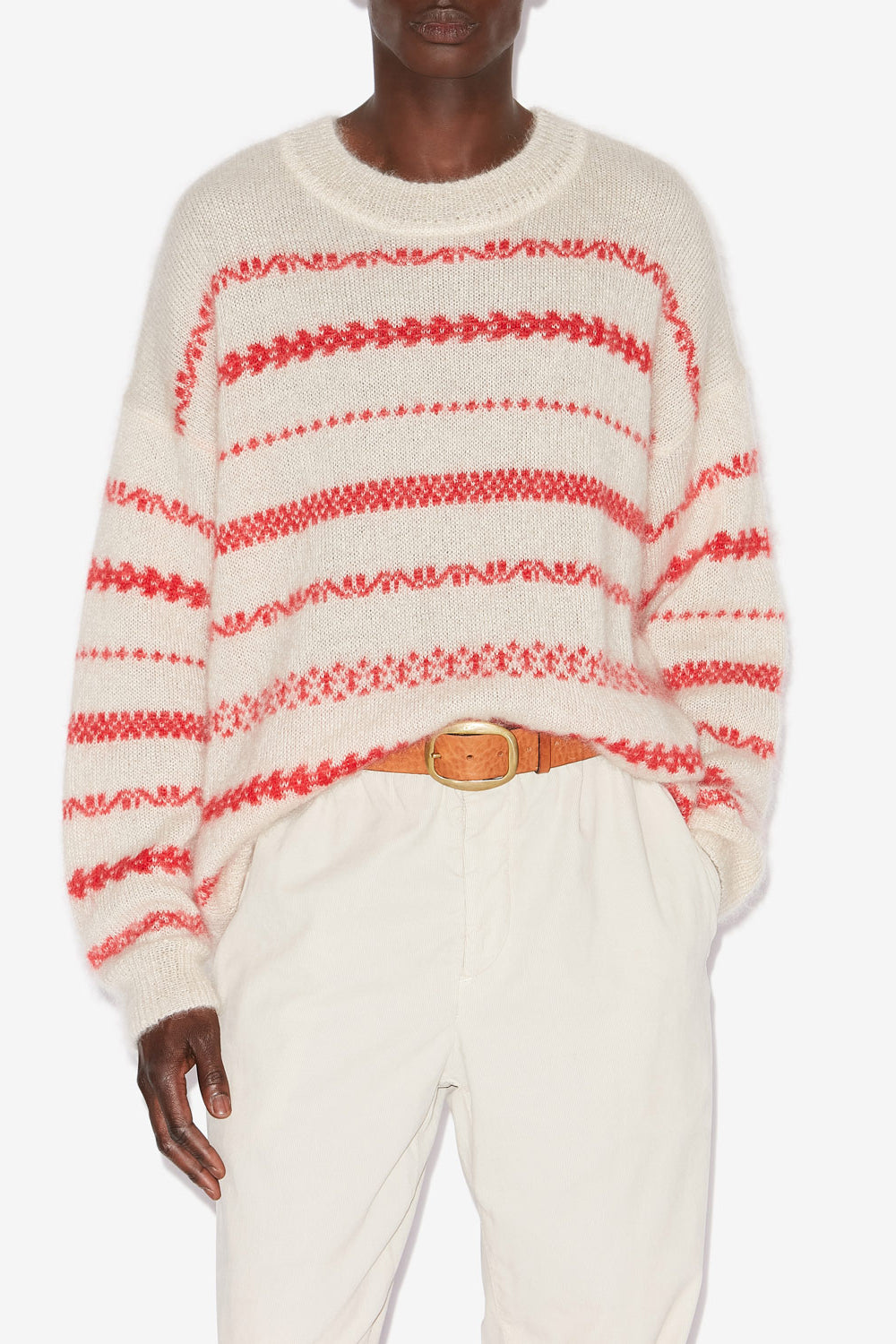 Amory ストライプ入り ブラッシュドモヘア セーター - Ecru and red - Man - 4