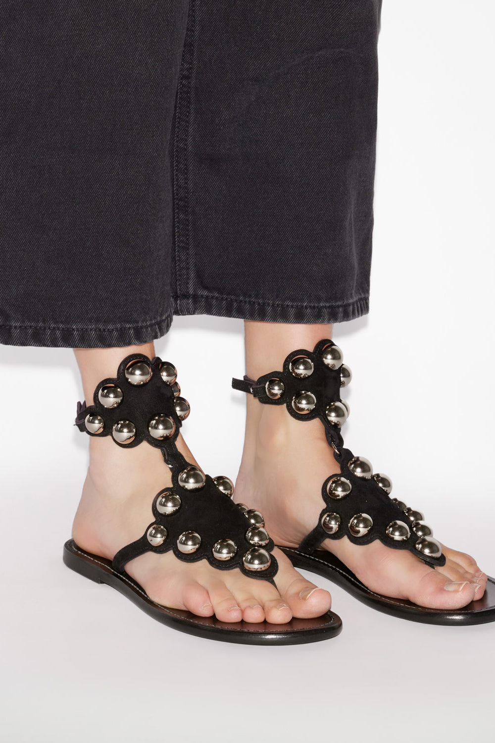 Sandalias de piel de ante con pedrería velvee - Black and silver - Woman - 5