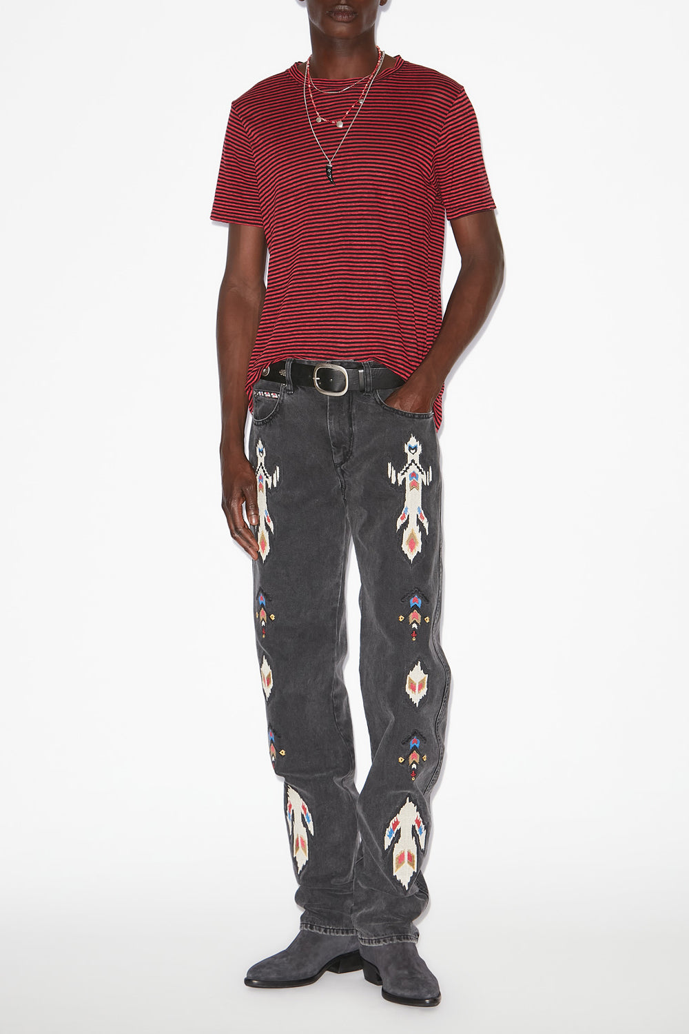 레온 스트라이프 리넨 티셔츠 - 빨간색 - Man - 2