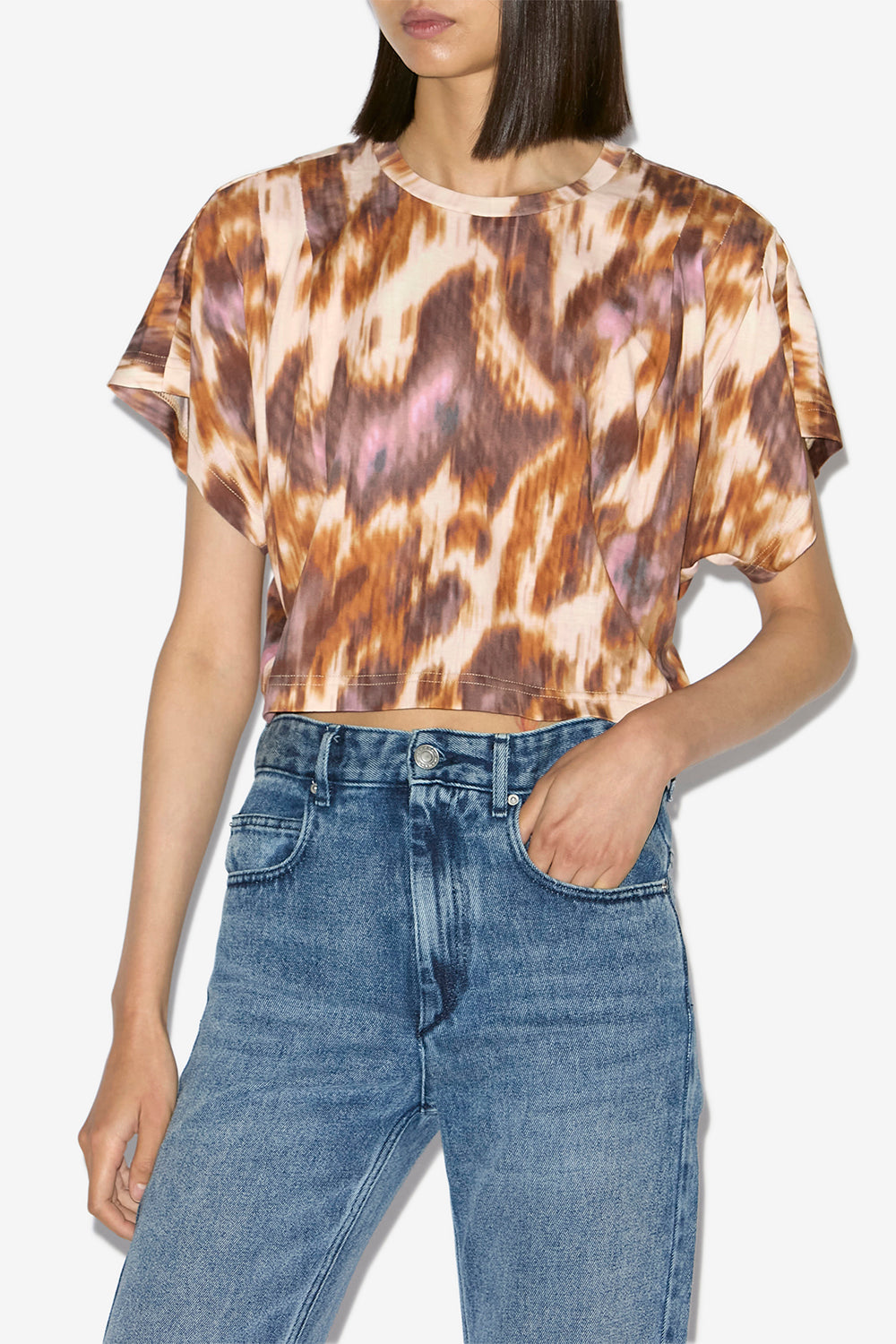 Zilia short cotton watercolor print t-shirt - Ecru-ochre - Woman - 4