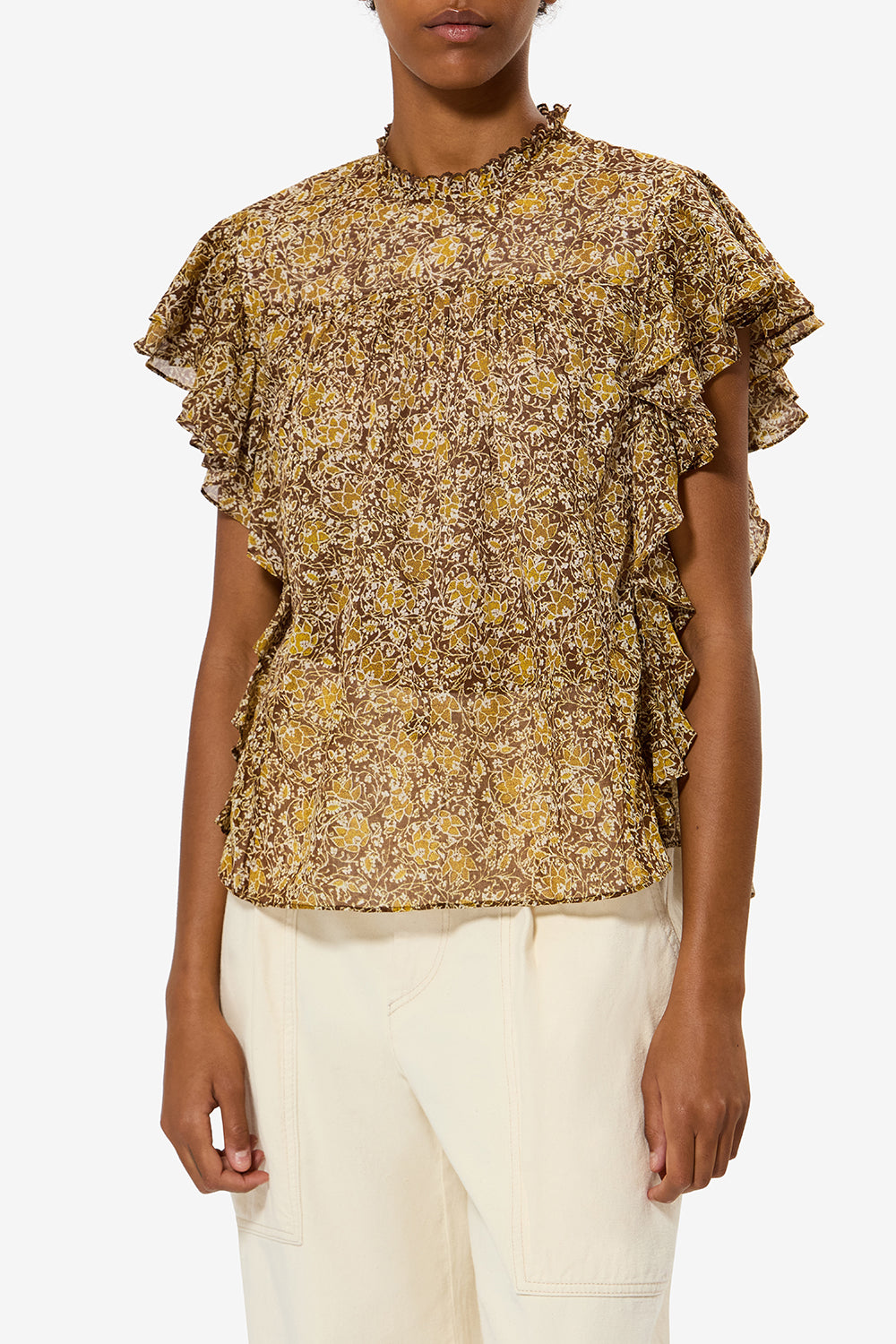 Top con volantes dalyane de gasa de algodón estampado - Caqui - Woman - 4