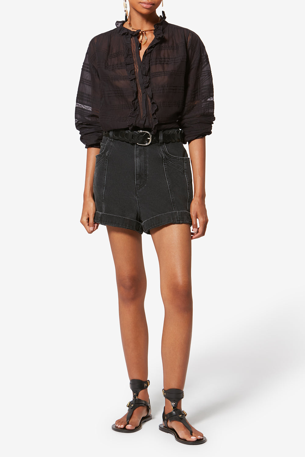 Blusa peline en algodón y encaje floral - Negro - Woman