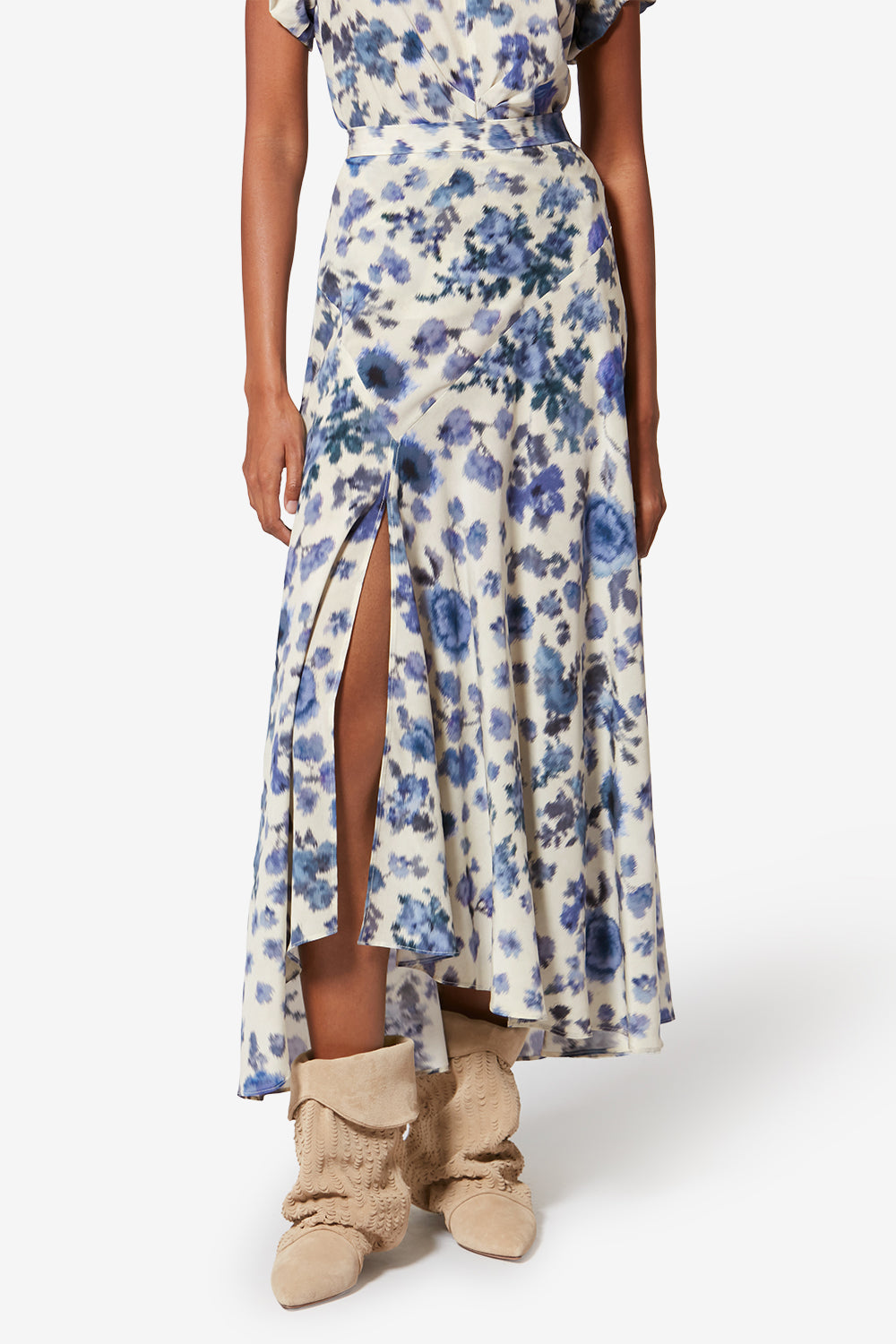 Jupe longue sakura en soie stretch imprimée - Bleu - Woman - 4